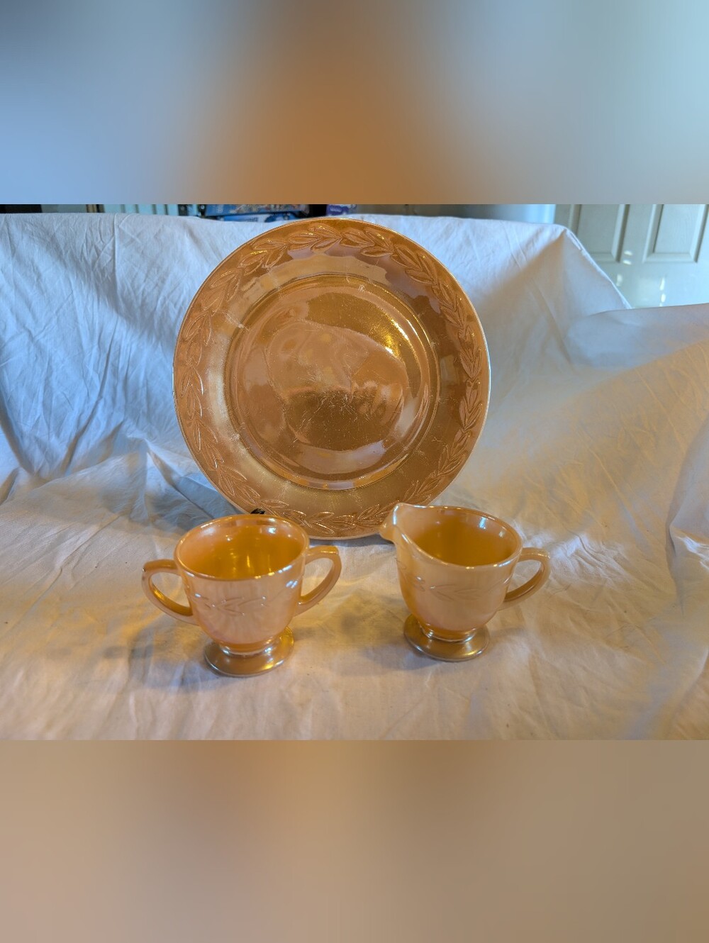 2/50$ Fire King Iridescent peach Glass Plate with Creamer & Sugar